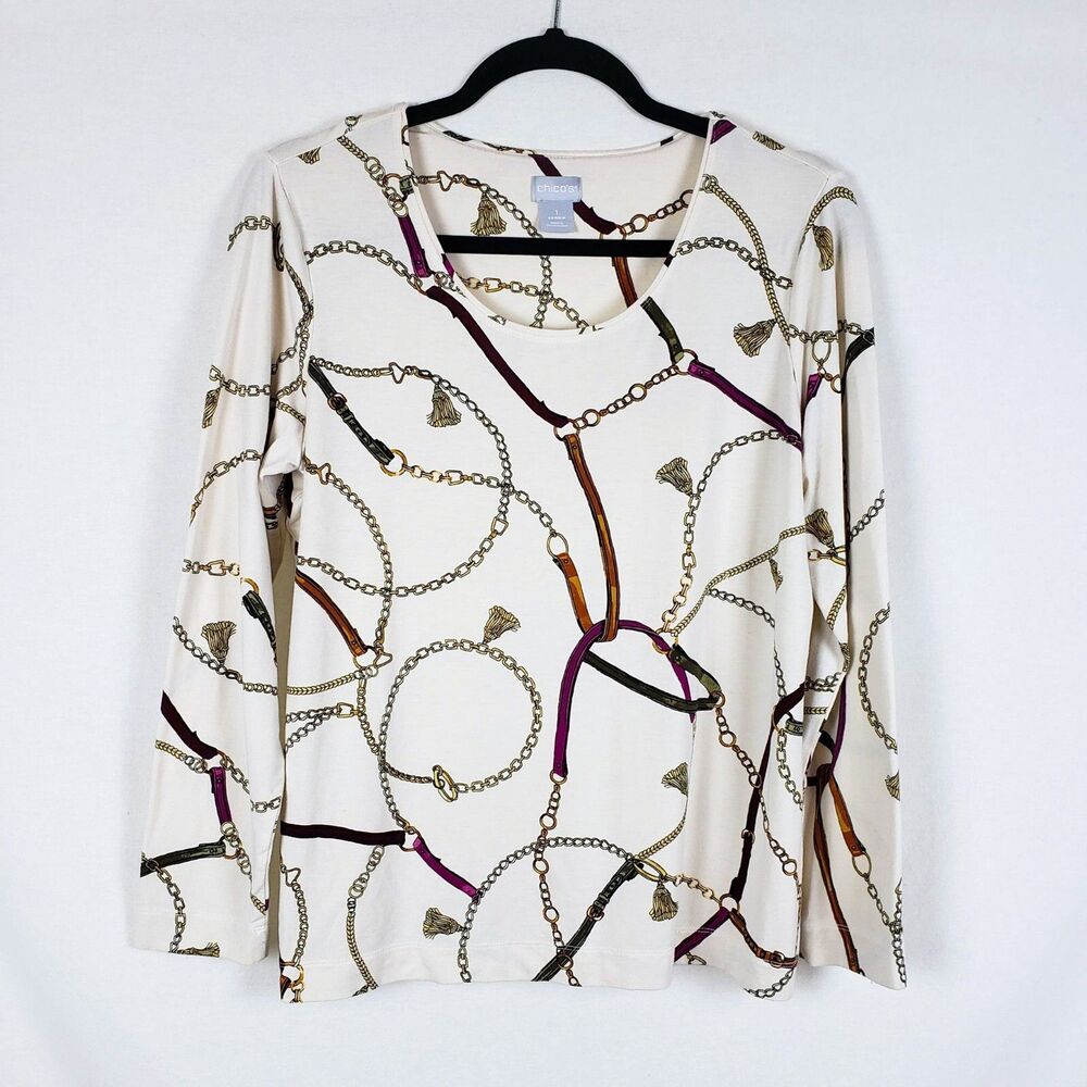 Chico's Equestrian Chain Bridle Top Womens M Jersey Knit Heritage Country Club